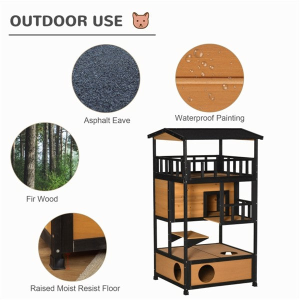 KFX-0517437 Wooden Cat House with Multiple Entrances and Spacious Design for Indoor/Outdoor Use