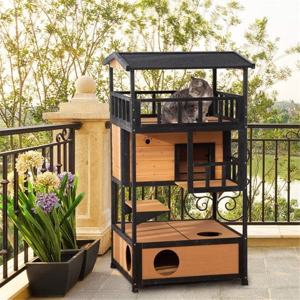 KFX-0517437 Wooden Cat House with Multiple Entrances and Spacious Design for Indoor/Outdoor Use