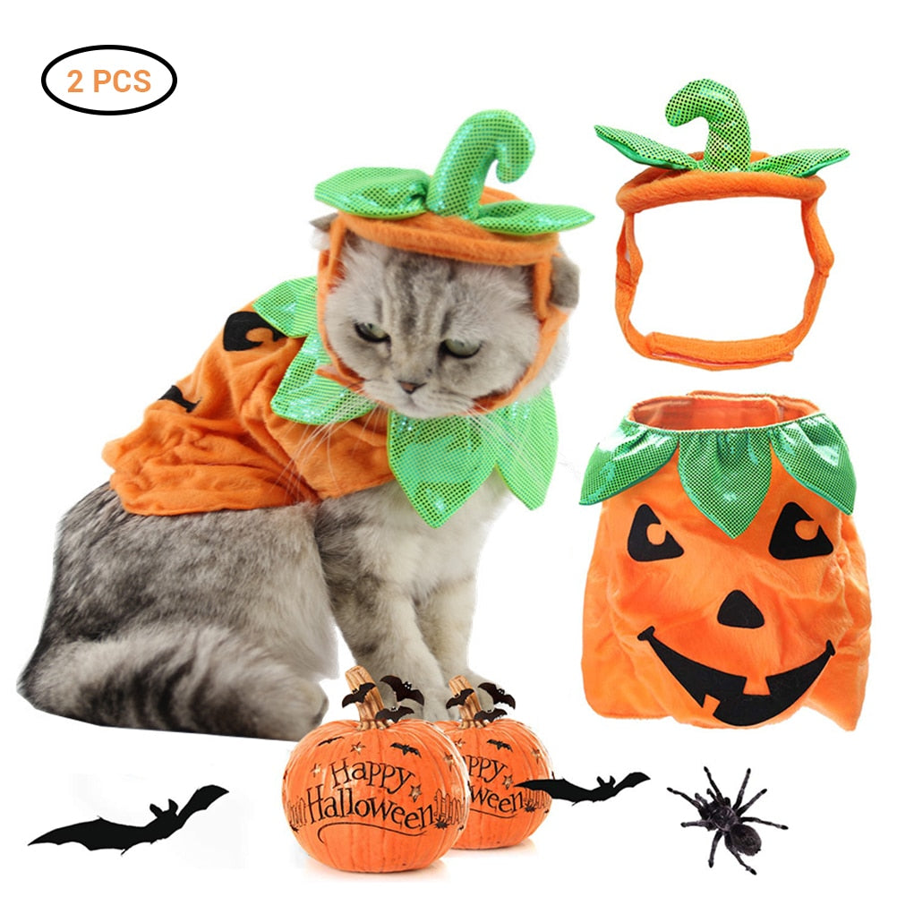 KFX-0523709 Pumpkin Costume Set for Pets with Adjustable Hat and Dress for Halloween