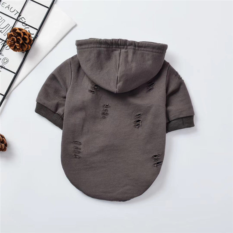 KFX-0525885 Cozy Two-Legged Dog Hoodie in Gray with Ripped Detail - Comfortable Cotton Design