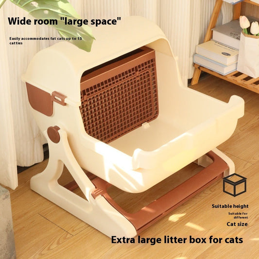 KFX-0530109 Extra Large Semi-Automatic Tilting Cat Litter Box in Beige Brown, Beige, Green, and Pink