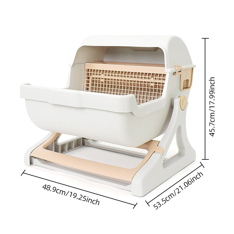 KFX-0530109 Extra Large Semi-Automatic Tilting Cat Litter Box in Beige Brown, Beige, Green, and Pink