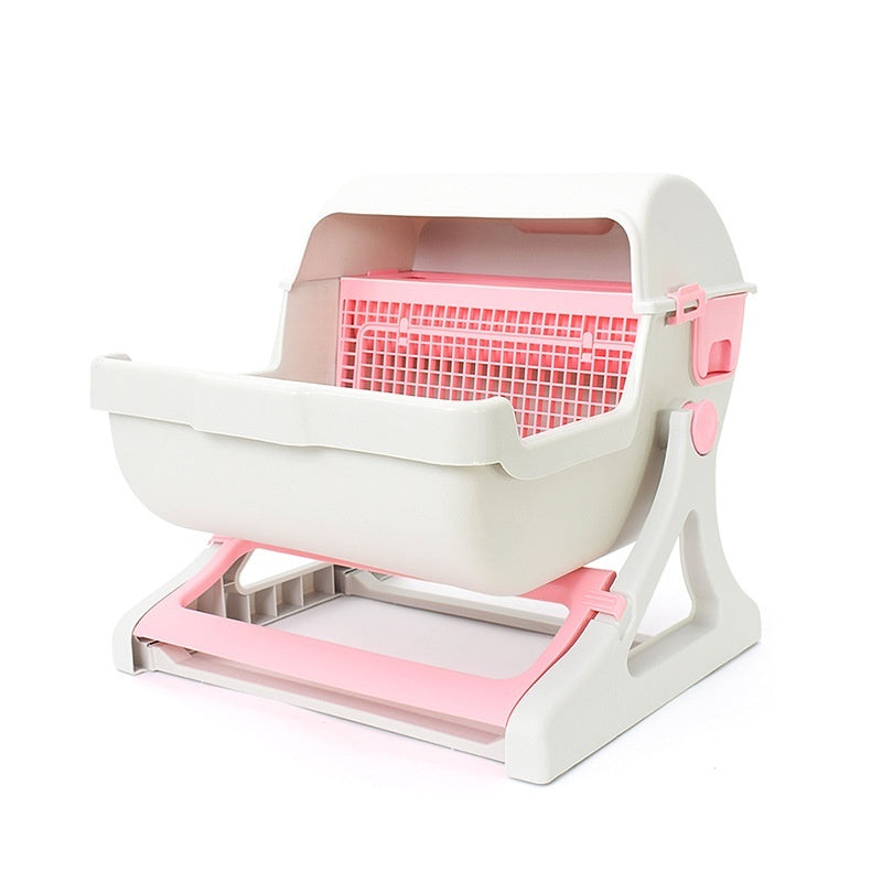 KFX-0530109 Extra Large Semi-Automatic Tilting Cat Litter Box in Beige Brown, Beige, Green, and Pink