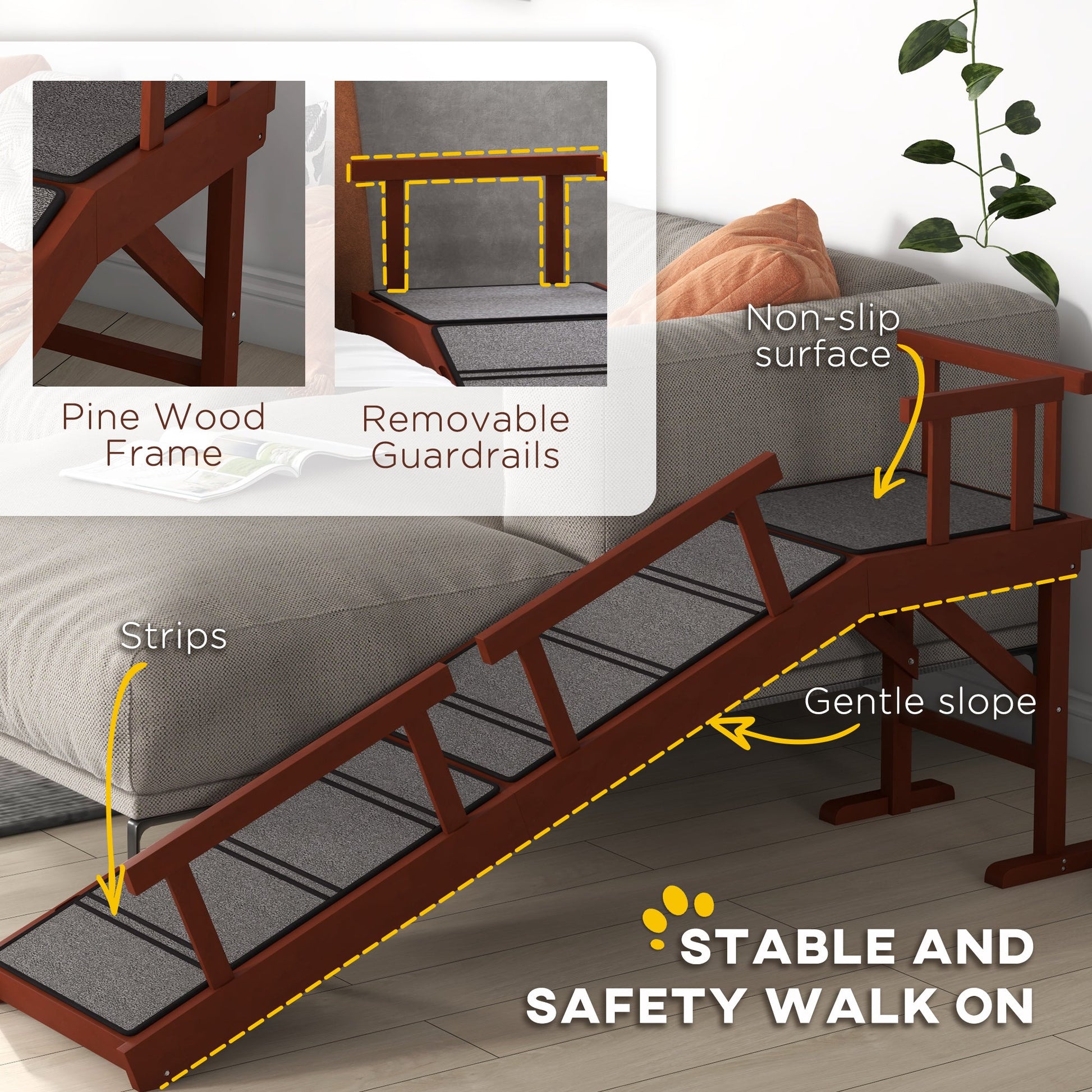 KFX-0530749 Wooden Dog Ramp with Removable Guardrails and Non-Slip Surface, 60 Inch Long, Brown for Pets Up to 66 lbs