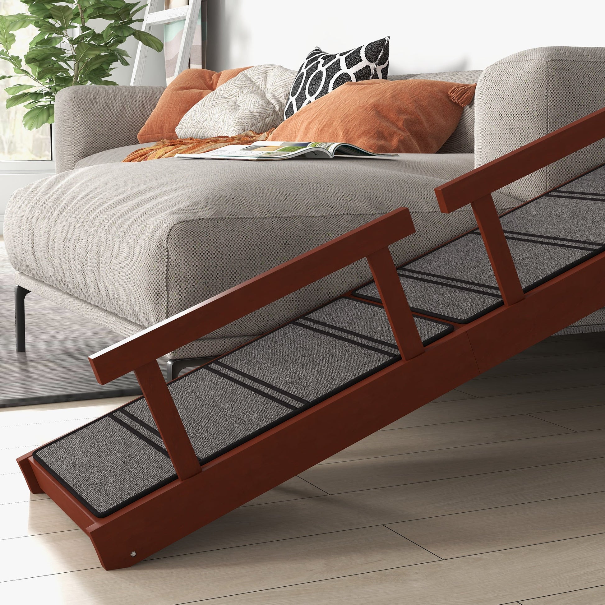 KFX-0530749 Wooden Dog Ramp with Removable Guardrails and Non-Slip Surface, 60 Inch Long, Brown for Pets Up to 66 lbs