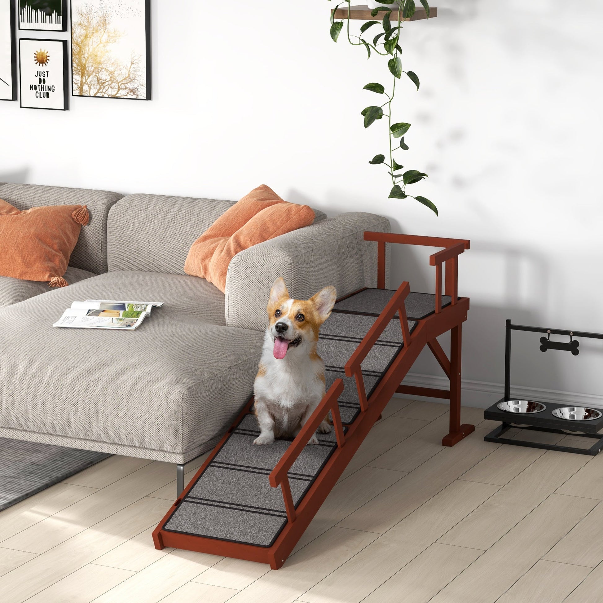 KFX-0530749 Wooden Dog Ramp with Removable Guardrails and Non-Slip Surface, 60 Inch Long, Brown for Pets Up to 66 lbs