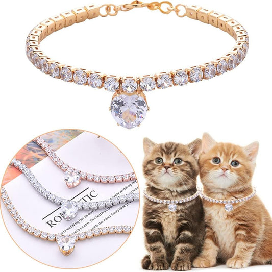 KFX-0532541 Bling Rhinestone Heart Shaped Pet Necklace for Cats and Dogs - Adjustable Collar Accessory
