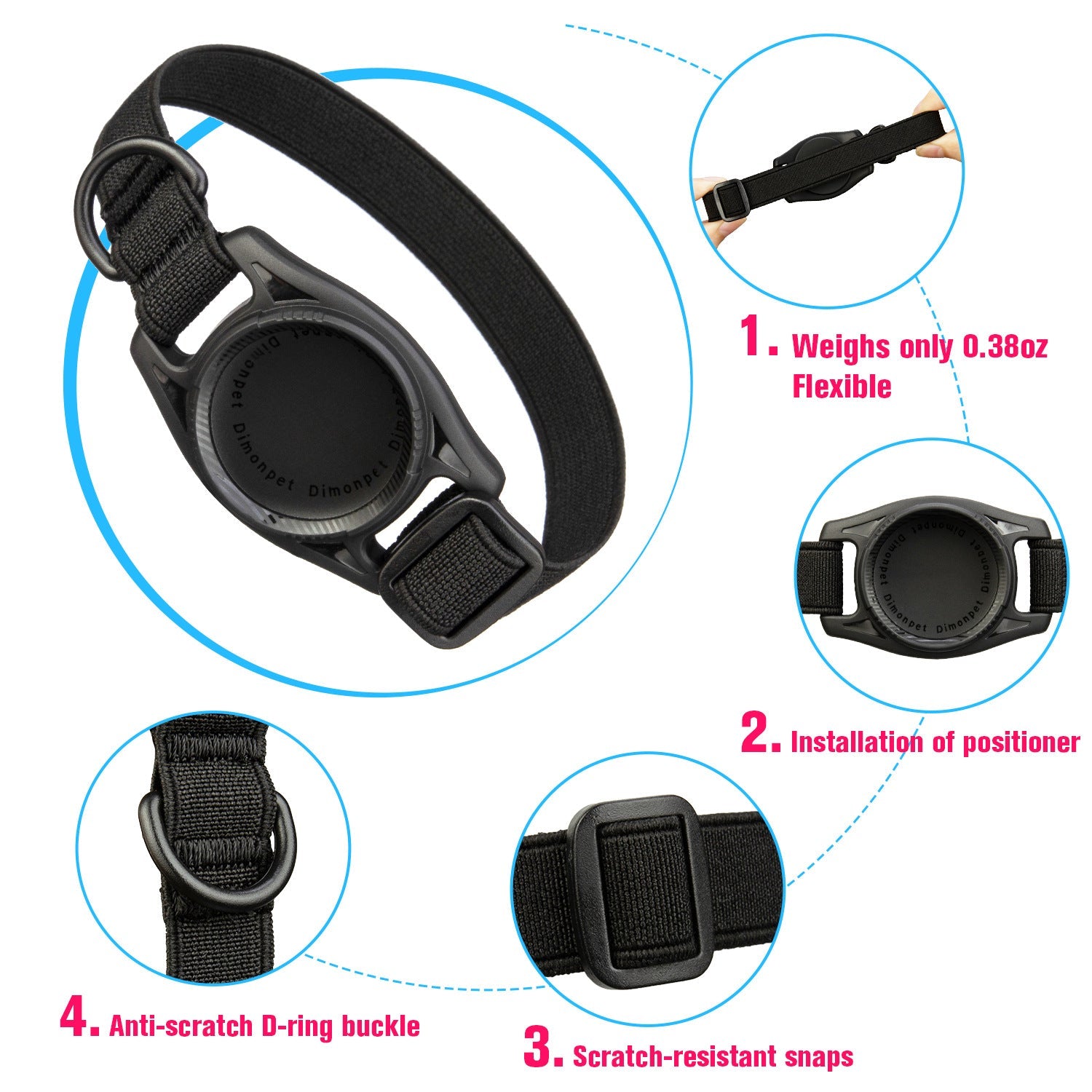 KFX-0537021 Anti-Loss Alarm Pet Collar - Casual Monochrome Design in Blue, Pink, or Black, 20cm-30cm Adjustable Polyester