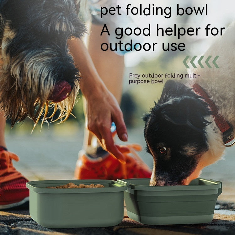 KFX-0540989 Foldable Double-Layer Dog Bowl for Outdoor Water Use - Green, White, Khaki