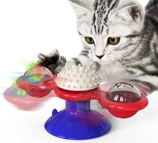 KFX-0541629 Interactive Cat Entertainment Set with Rotating Disk, Feather Teasers, Tumbler & Windmill Toy