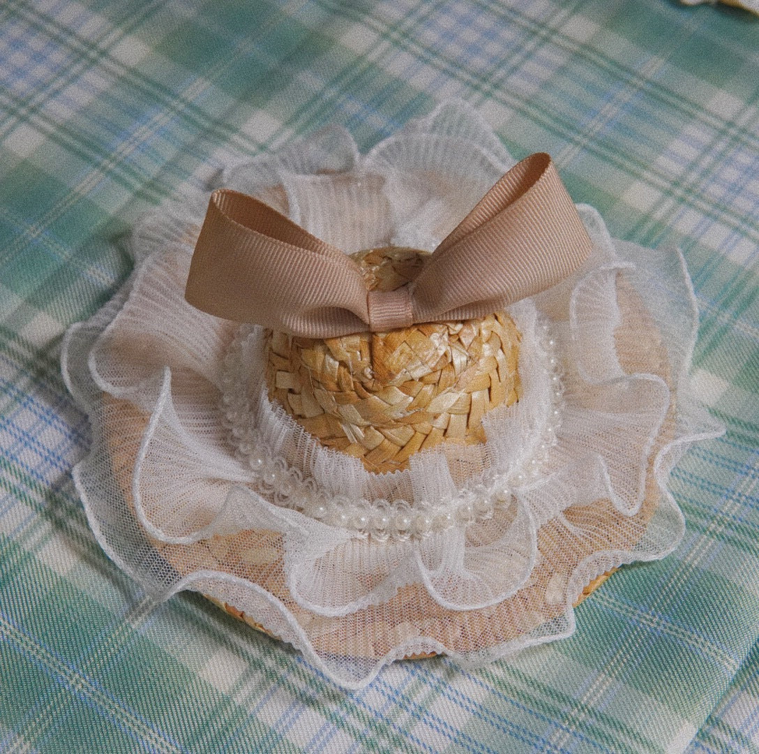 KFX-0551357 Elegant Pet Straw Hat Headdress with Silk Bows for Cats and Dogs in Various Colors