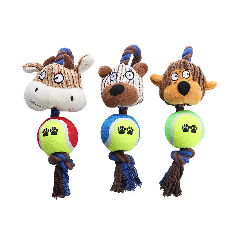 KFX-0554941 Interactive Corduroy Tennis Ball Dog Toy with Cotton Rope and Sound for Engaging Play