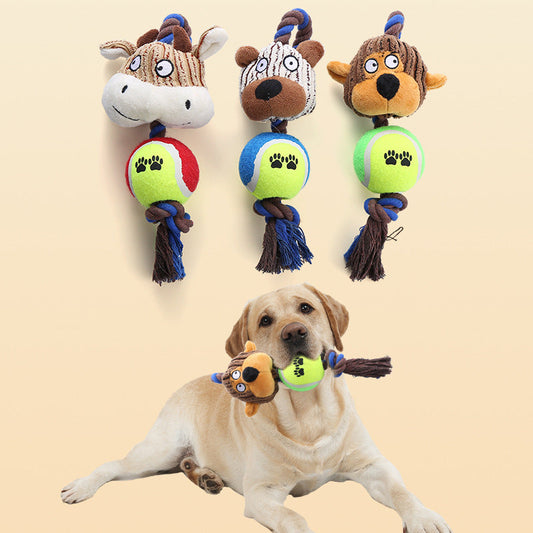 KFX-0554941 Interactive Corduroy Tennis Ball Dog Toy with Cotton Rope and Sound for Engaging Play