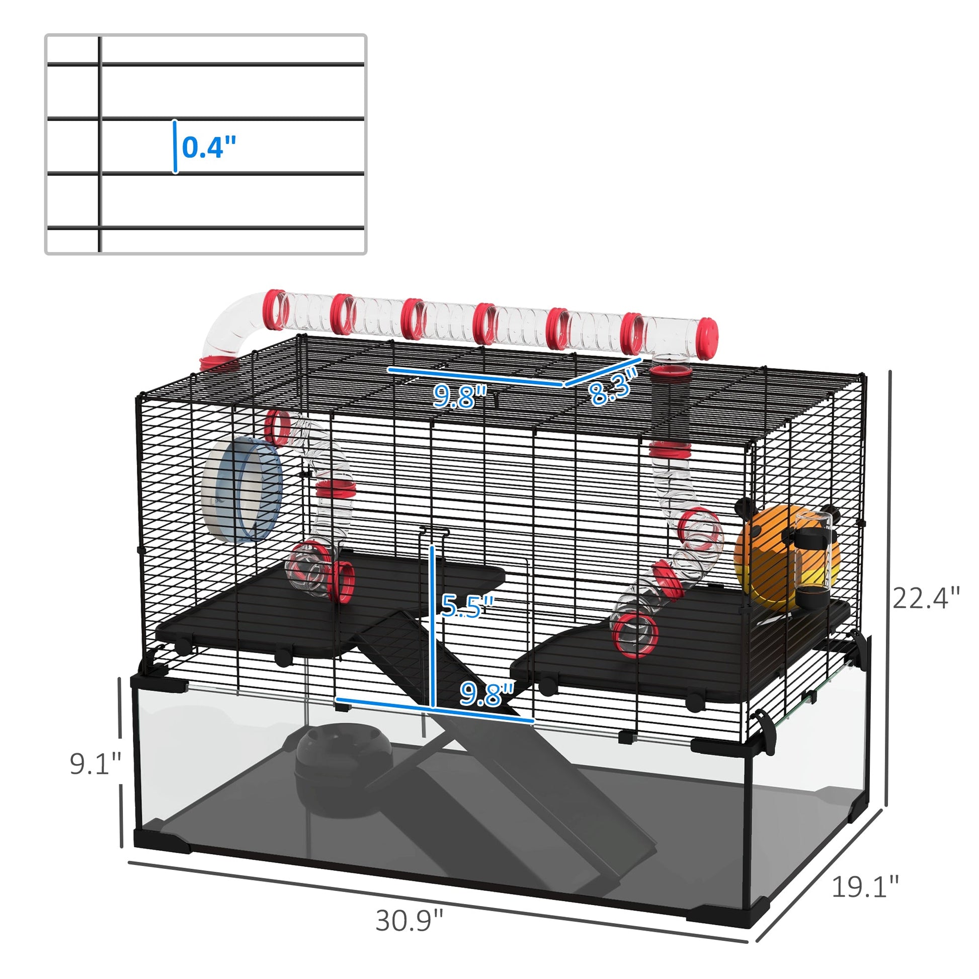 KFX-0555965 31" Hamster Cage with Tube System, Ramps, Wheel, and Deep Glass Base