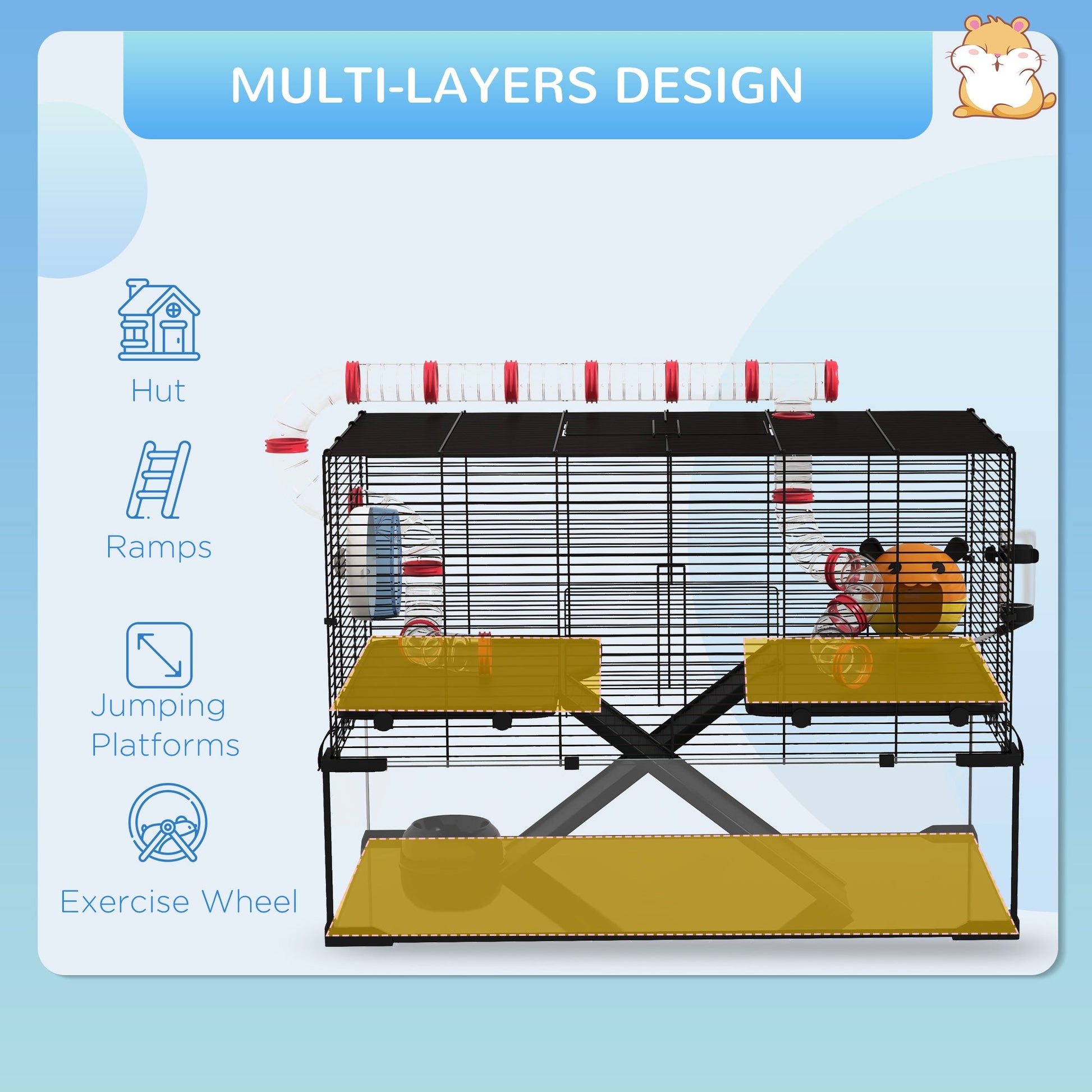KFX-0555965 31" Hamster Cage with Tube System, Ramps, Wheel, and Deep Glass Base