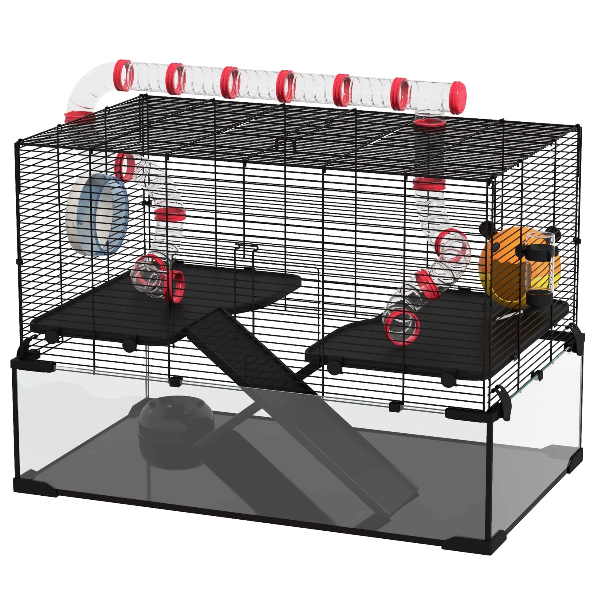 KFX-0555965 31" Hamster Cage with Tube System, Ramps, Wheel, and Deep Glass Base
