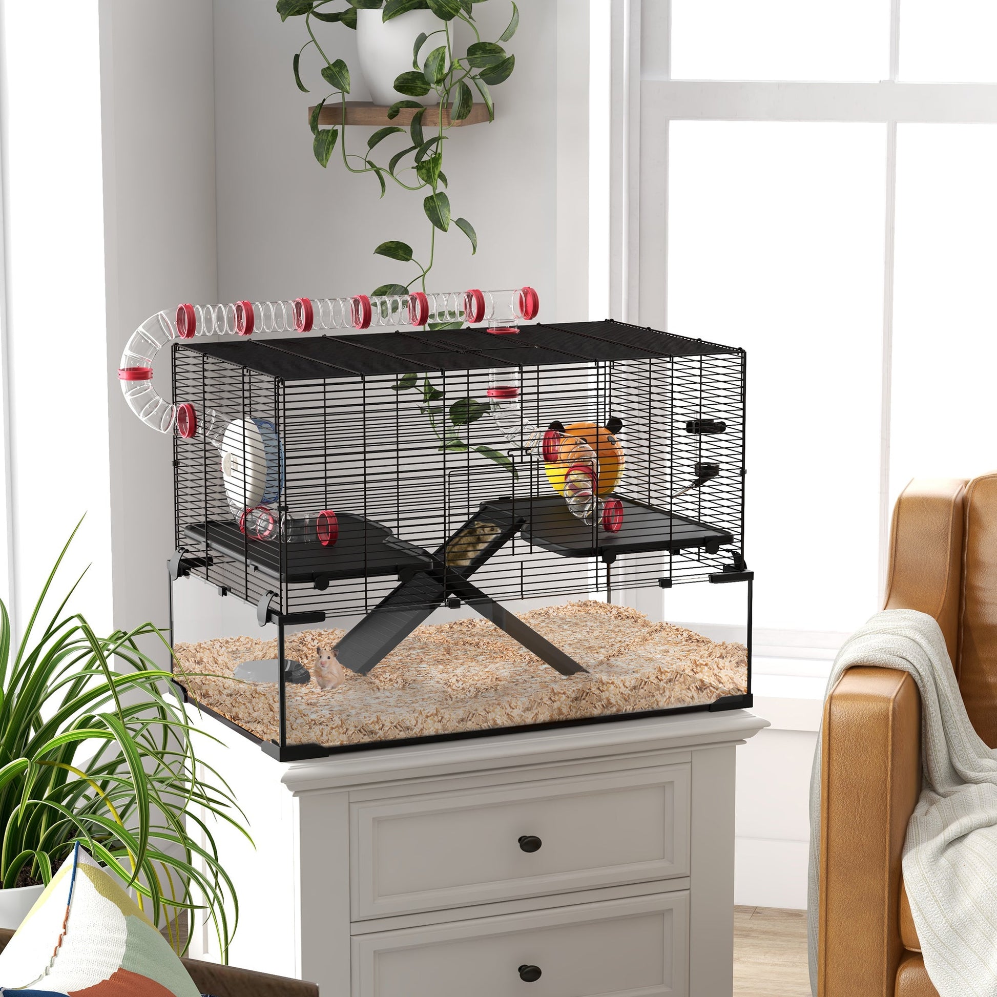 KFX-0555965 31" Hamster Cage with Tube System, Ramps, Wheel, and Deep Glass Base
