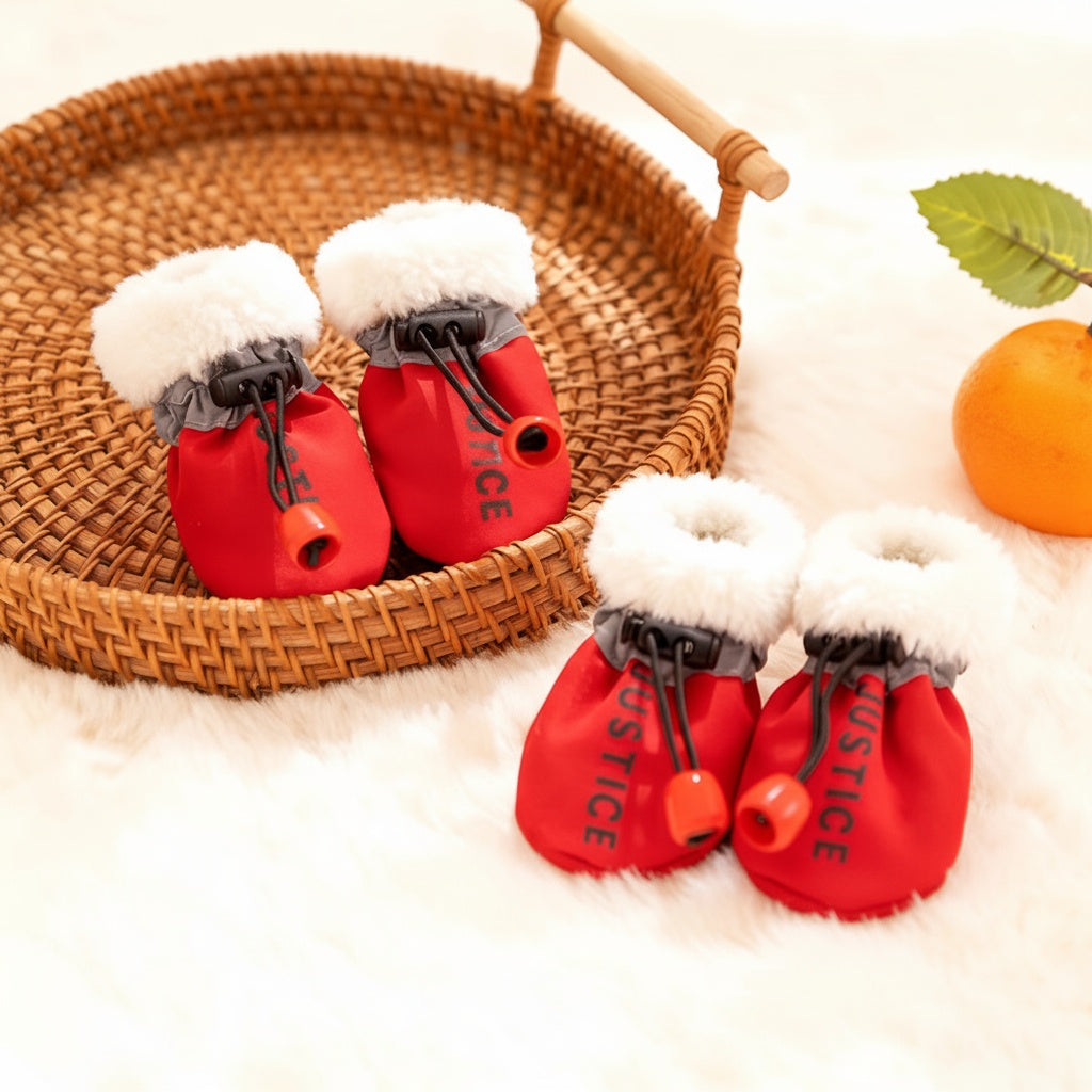 KFX-0558909 Warm Fleece Dog Booties with Anti-Slip Sole for Cold Weather Protects Paws and Keeps Claws Clean