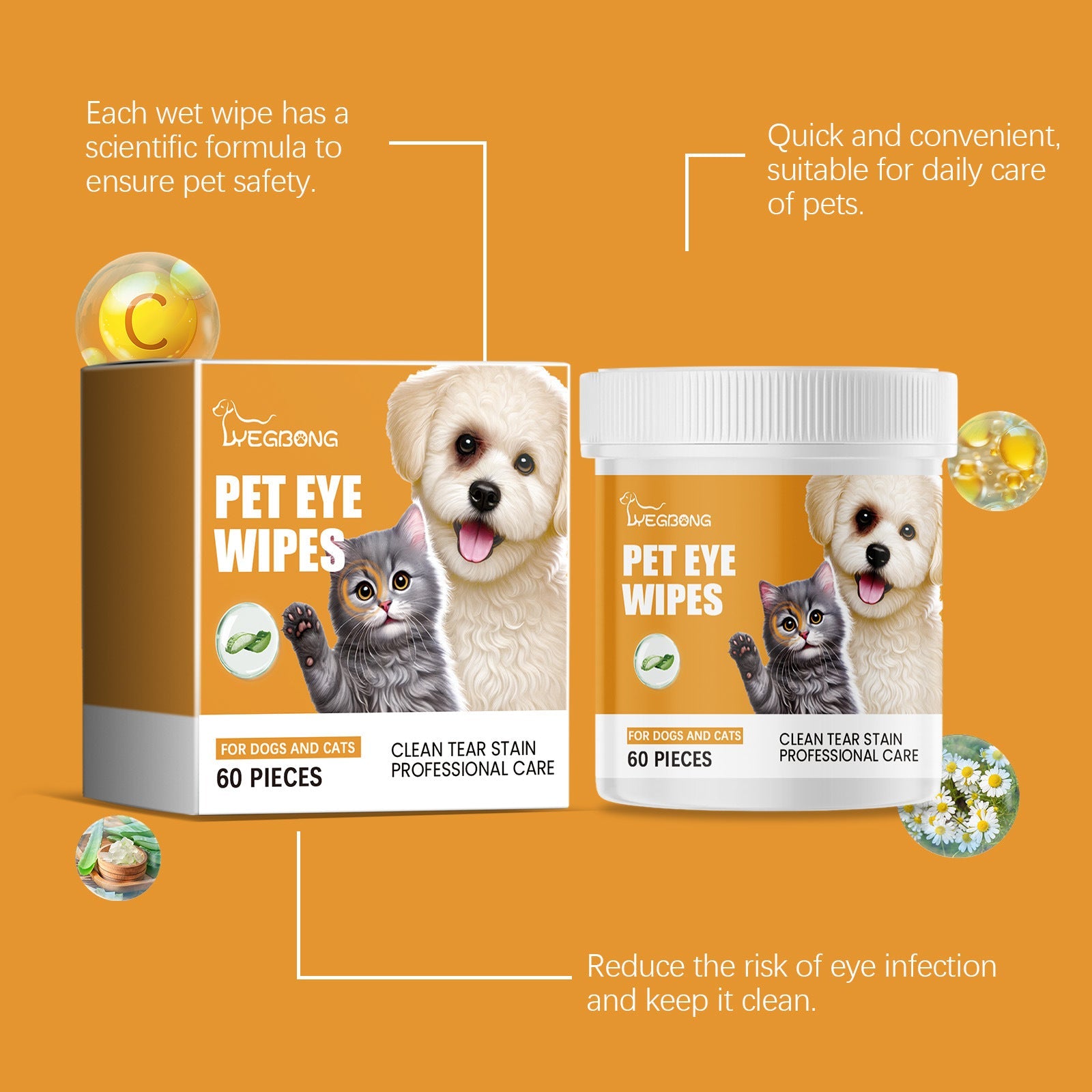 KFX-0559933 Pet Eye Cleaning Wipes for Dogs and Cats - 60 Count Tear Removal Wet Wipes