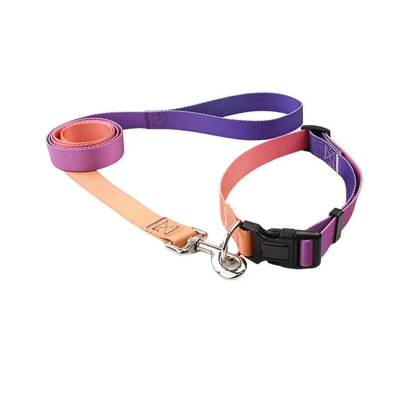 KFX-0561853 Nylon Pet Collar and Traction Rope Set in Vibrant Gradient Colors