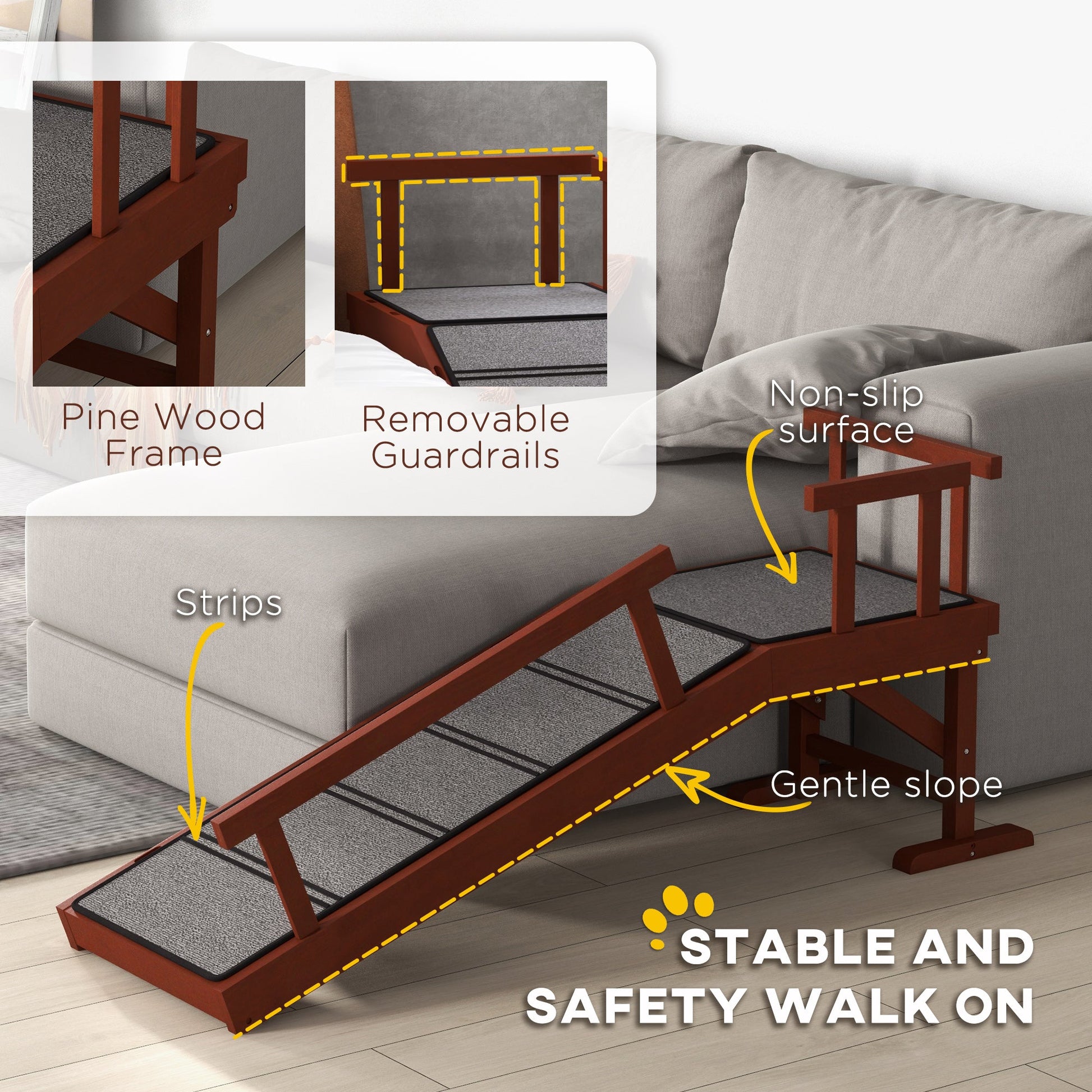 KFX-0563517 Wooden Dog Ramp with Removable Guardrails and Non-Slip Surface, 49" Long, Brown, Suitable for Pets Under 66 lbs