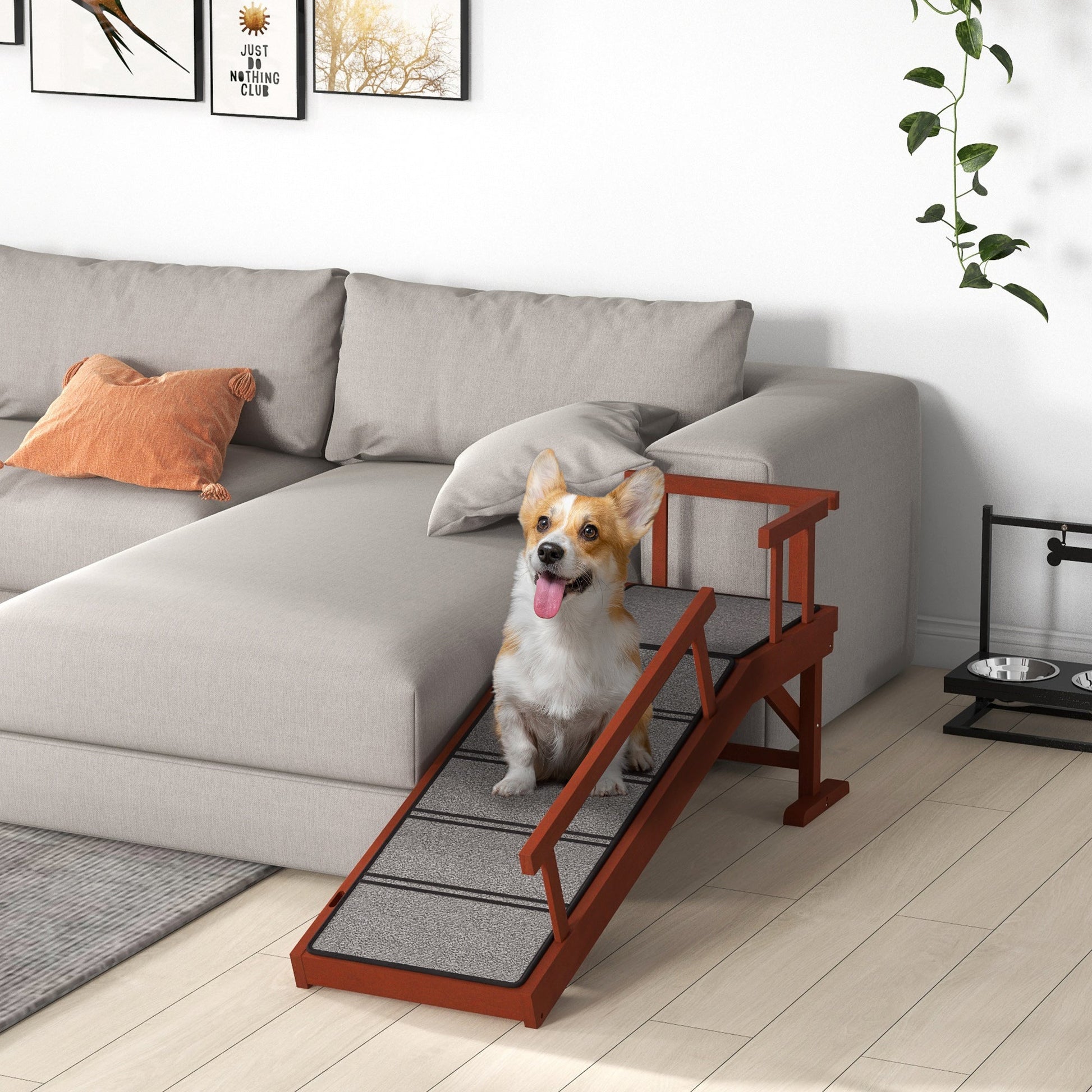 KFX-0563517 Wooden Dog Ramp with Removable Guardrails and Non-Slip Surface, 49" Long, Brown, Suitable for Pets Under 66 lbs