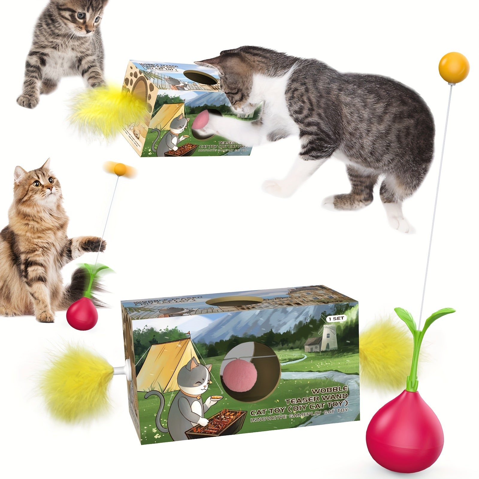 KFX-0565309 DIY Turnip-Shaped Cat Tumbler Toy with Cat Stick for Playful Kittens
