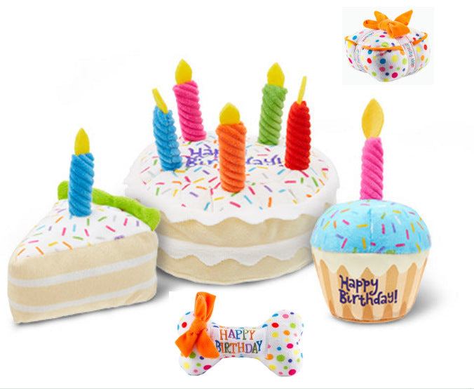 KFX-0567485 Plush Birthday-Themed Dog Toy Set - Cake, Gift Box, and Bone Options