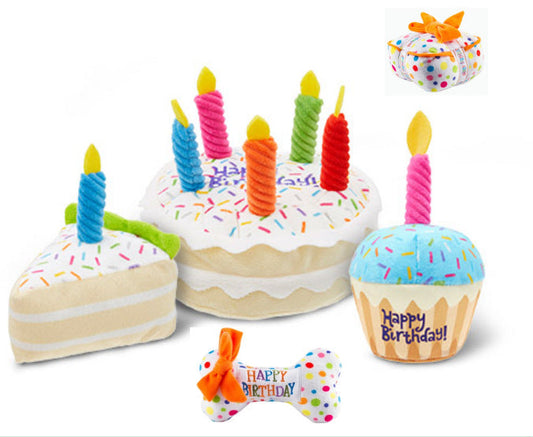 KFX-0567485 Plush Birthday-Themed Dog Toy Set - Cake, Gift Box, and Bone Options