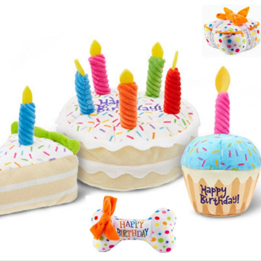 KFX-0567485 Plush Birthday-Themed Dog Toy Set - Cake, Gift Box, and Bone Options