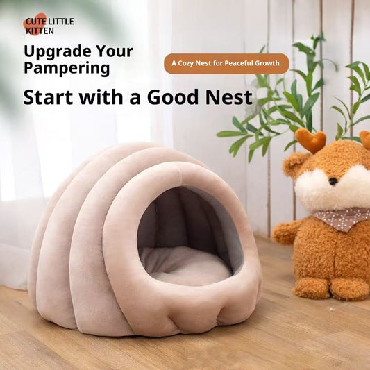 KFX-0567869 Universal Fully Enclosed Cat Nest - Flannel Non-Slip Pet Bed in Smokey Blue and Bean Pink