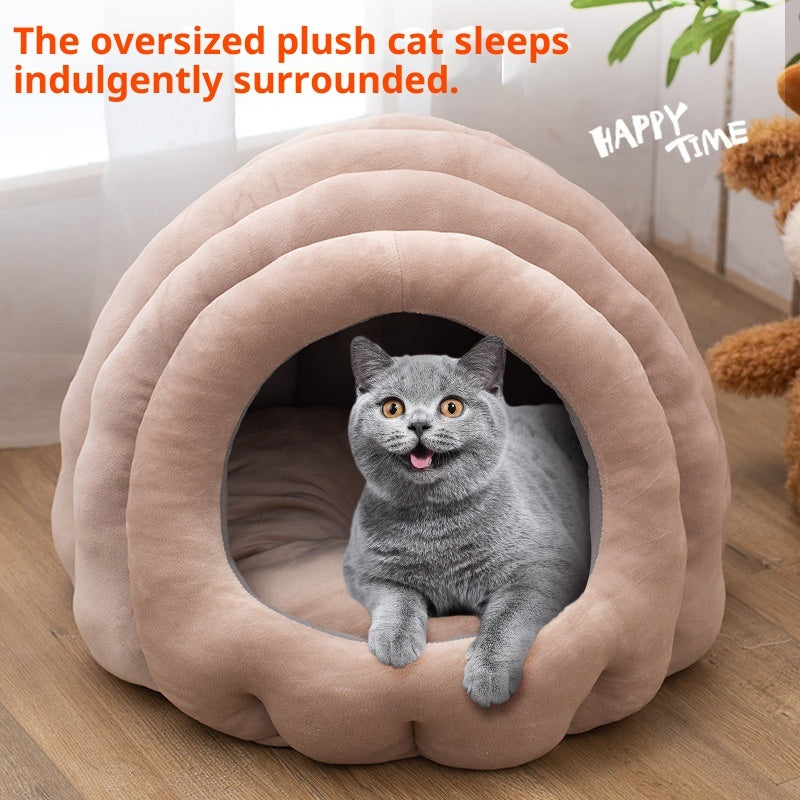 KFX-0567869 Universal Fully Enclosed Cat Nest - Flannel Non-Slip Pet Bed in Smokey Blue and Bean Pink
