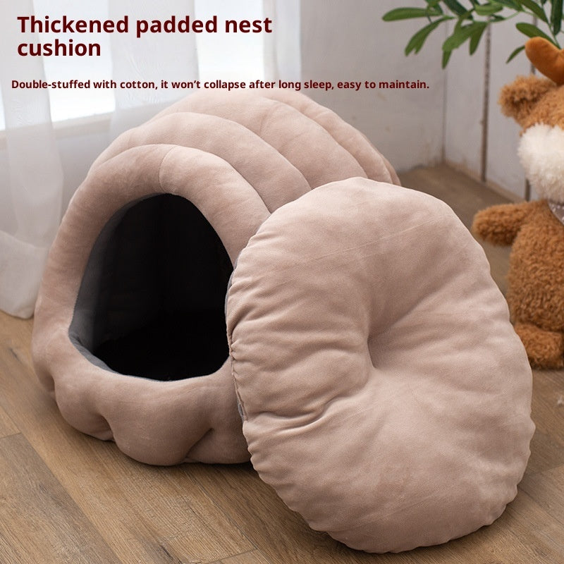 KFX-0567869 Universal Fully Enclosed Cat Nest - Flannel Non-Slip Pet Bed in Smokey Blue and Bean Pink