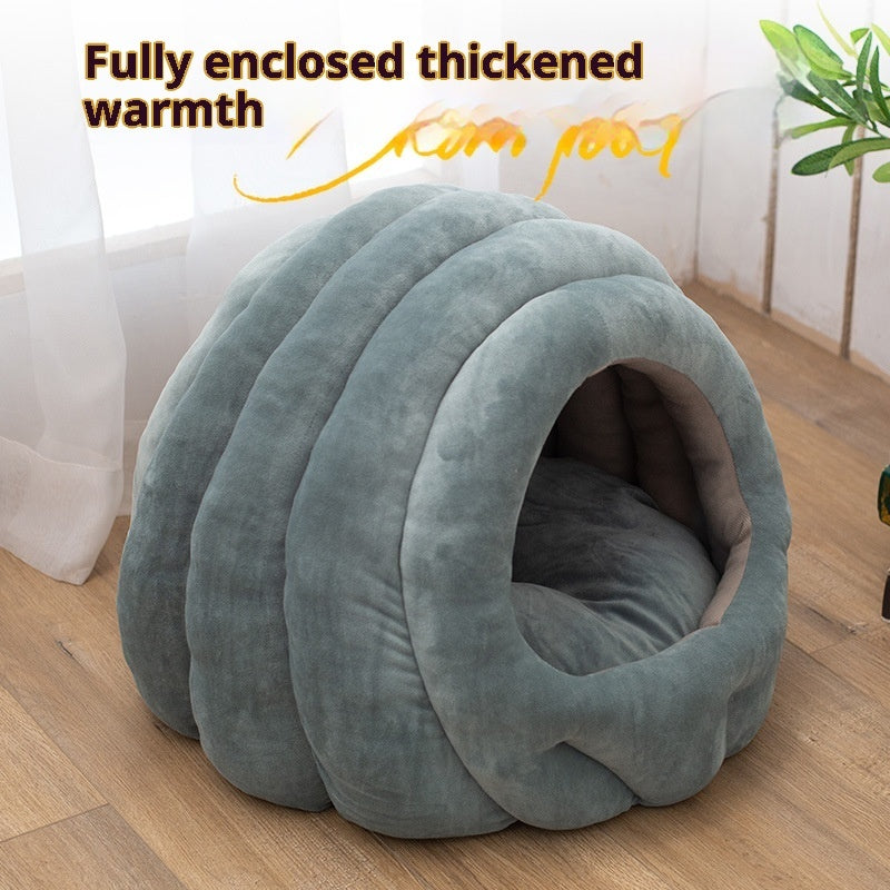 KFX-0567869 Universal Fully Enclosed Cat Nest - Flannel Non-Slip Pet Bed in Smokey Blue and Bean Pink