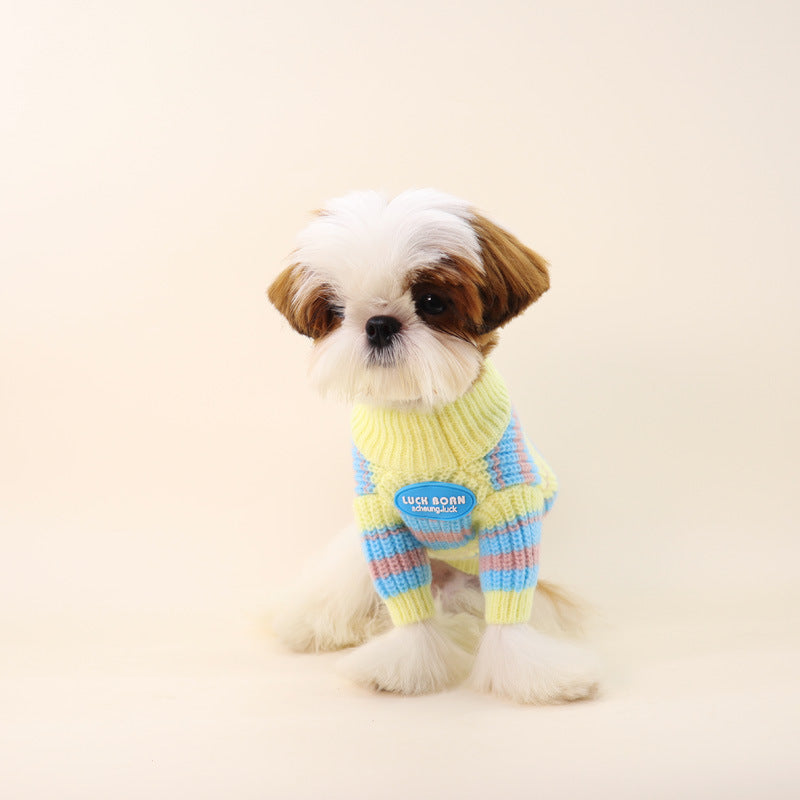 KFX-0571581 Cozy Blue and Yellow Striped Sweater for Small Dogs - XS to XXL
