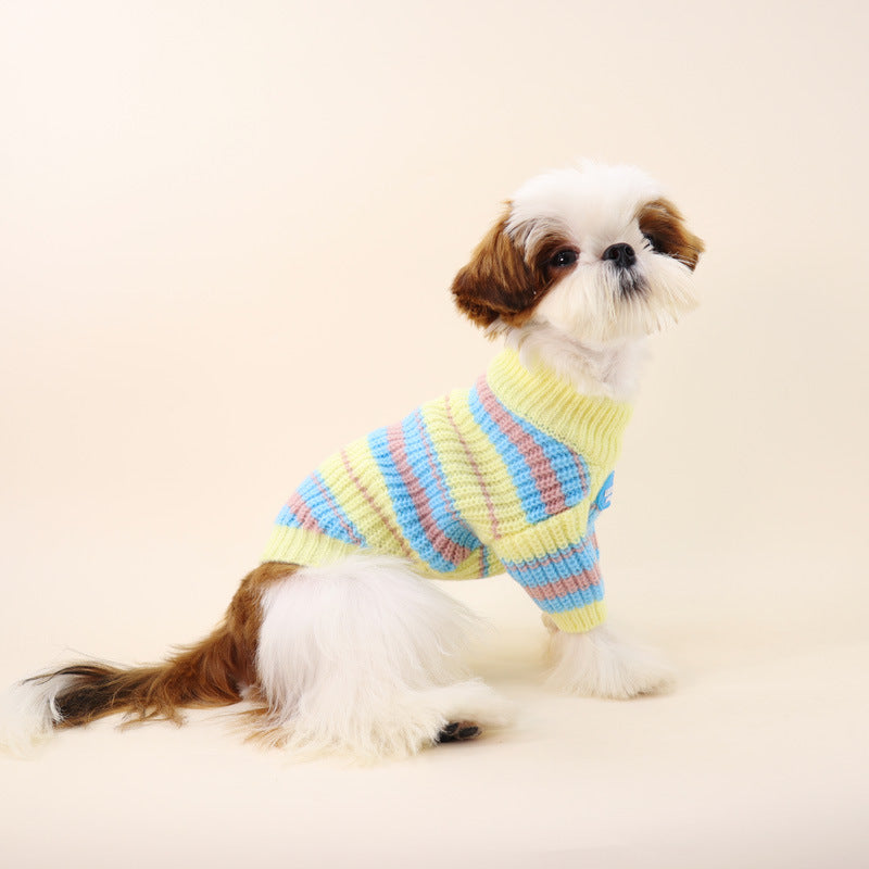 KFX-0571581 Cozy Blue and Yellow Striped Sweater for Small Dogs - XS to XXL