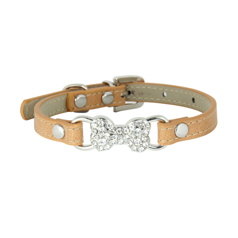 KFX-0573373 Cute Cat Traction Rope with Crystal Diamond Accent - Adjustable PU Pet Collar in Multiple Colors