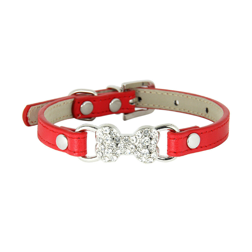 KFX-0573373 Cute Cat Traction Rope with Crystal Diamond Accent - Adjustable PU Pet Collar in Multiple Colors