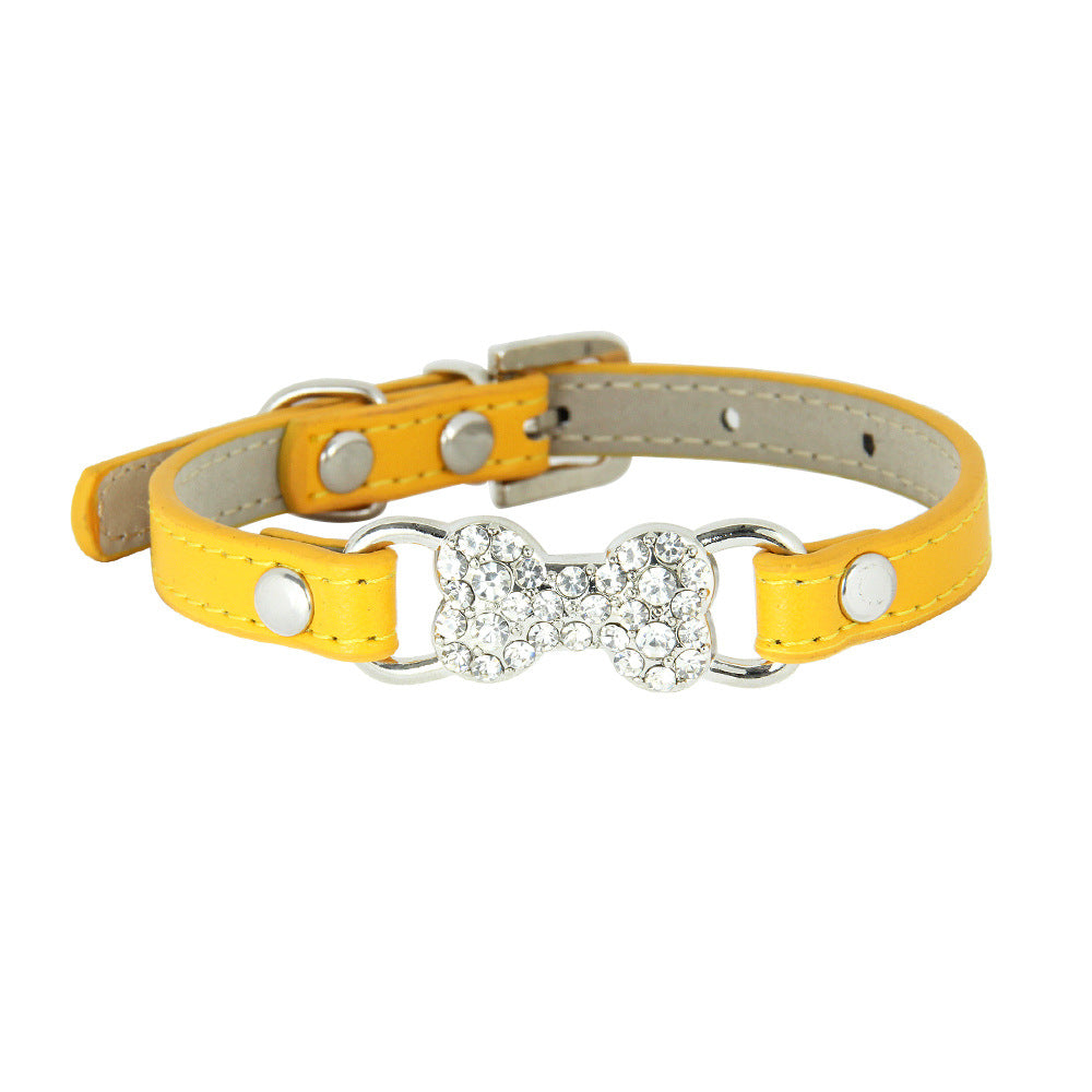 KFX-0573373 Cute Cat Traction Rope with Crystal Diamond Accent - Adjustable PU Pet Collar in Multiple Colors