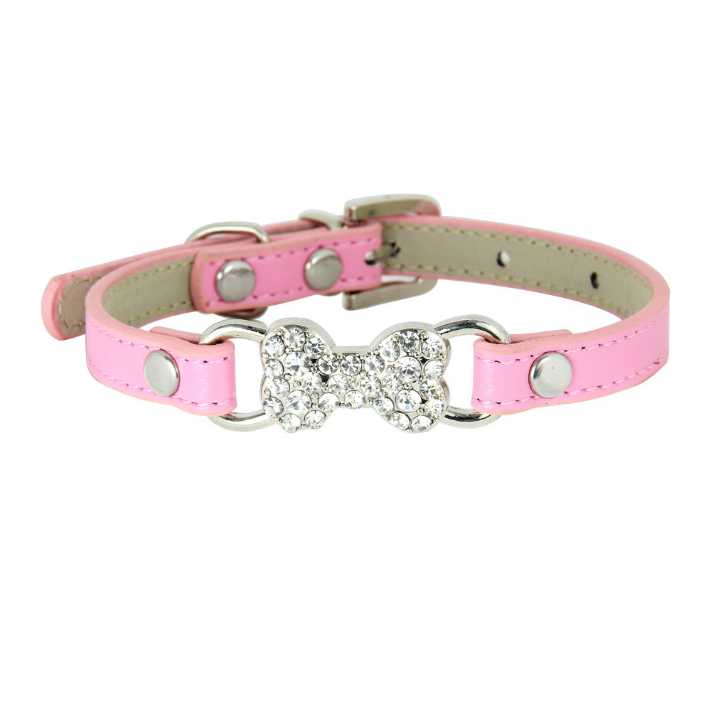KFX-0573373 Cute Cat Traction Rope with Crystal Diamond Accent - Adjustable PU Pet Collar in Multiple Colors