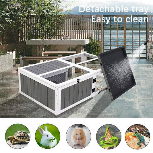 KFX-0582973 Indoor and Outdoor Wooden Turtle Habitat with Enclosed Rest and Water Areas