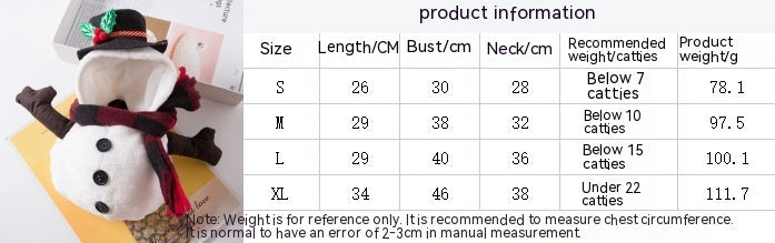 KFX-0583485 Snowman Costume for Pets - Fun Christmas Apparel in Sizes S, M, L, XL