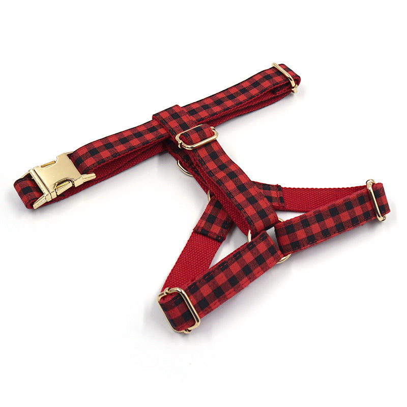 KFX-0594109 Red and Black Plaid Dog Harness with Gold Buckle - Adjustable Chest and Back Cover