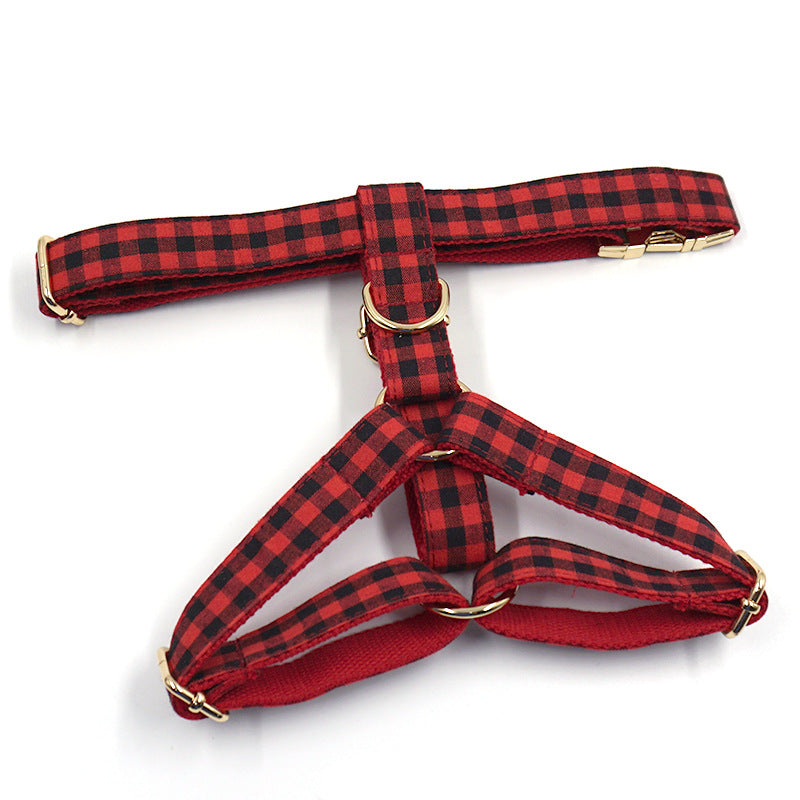 KFX-0594109 Red and Black Plaid Dog Harness with Gold Buckle - Adjustable Chest and Back Cover