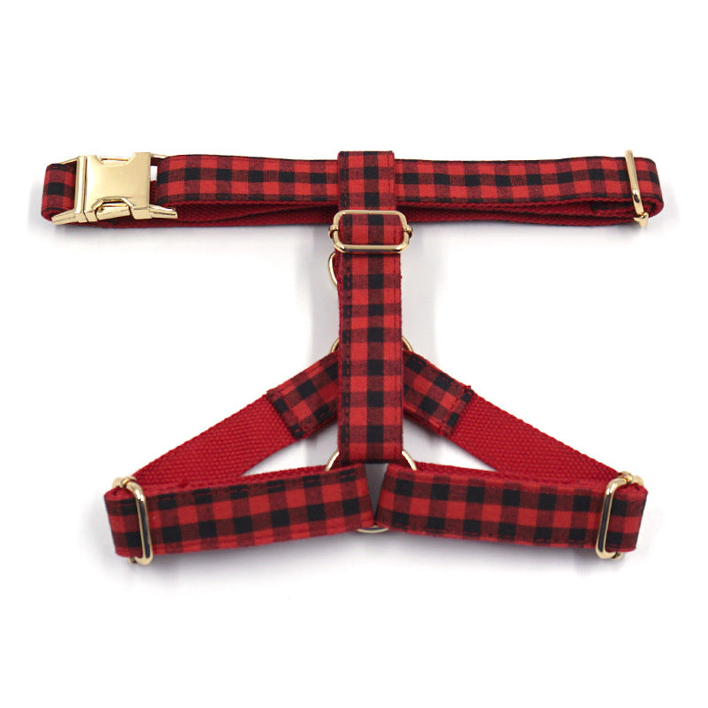 KFX-0594109 Red and Black Plaid Dog Harness with Gold Buckle - Adjustable Chest and Back Cover