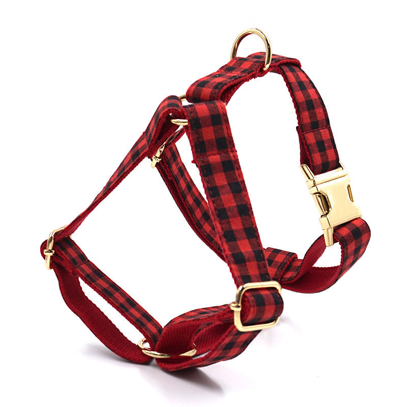 KFX-0594109 Red and Black Plaid Dog Harness with Gold Buckle - Adjustable Chest and Back Cover