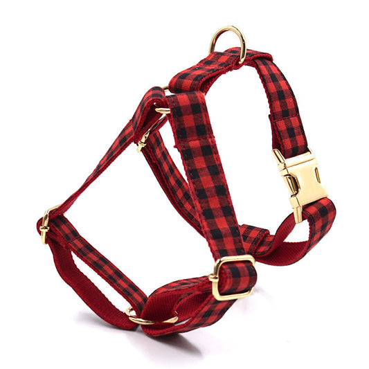 KFX-0594109 Red and Black Plaid Dog Harness with Gold Buckle - Adjustable Chest and Back Cover