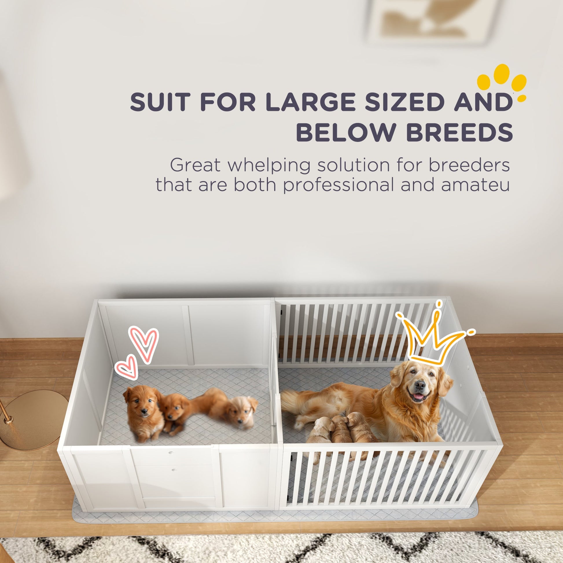 KFX-0596285 Dog Whelping Box with Adjustable Door and Waterproof Pee Pad for All Breed Sizes, 65" x 31.5"