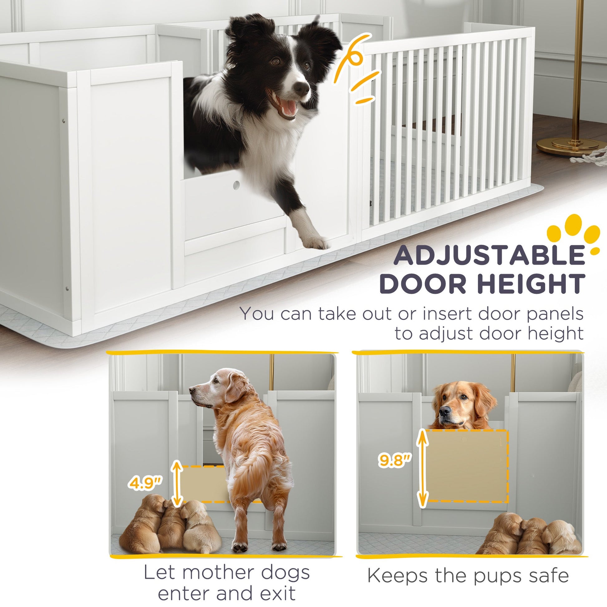 KFX-0596285 Dog Whelping Box with Adjustable Door and Waterproof Pee Pad for All Breed Sizes, 65" x 31.5"