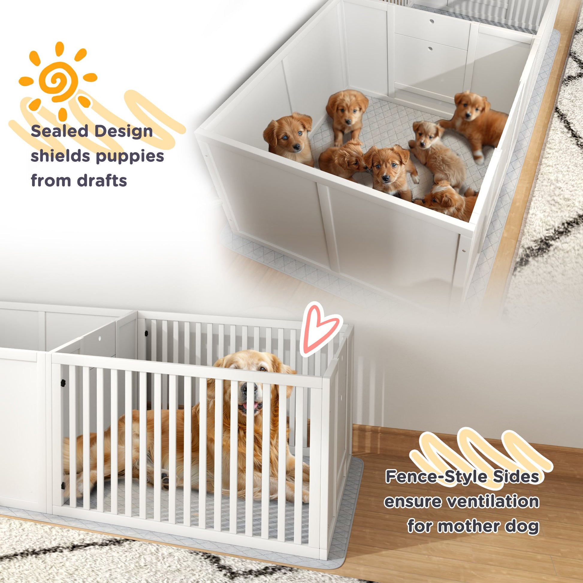 KFX-0596285 Dog Whelping Box with Adjustable Door and Waterproof Pee Pad for All Breed Sizes, 65" x 31.5"